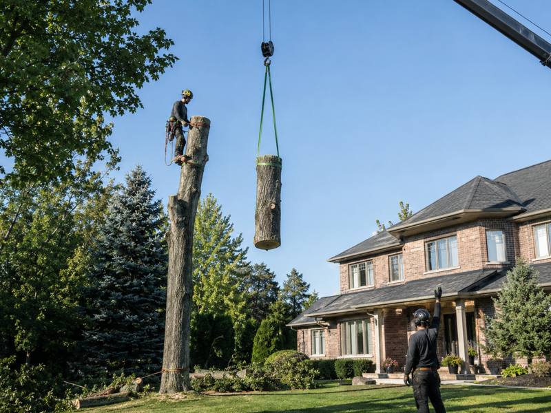 A Riverdale Tree Service crew freeing a cut trunk section in a tight backyard