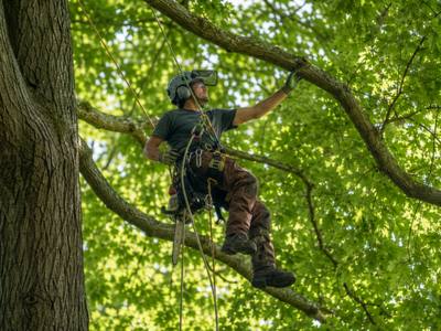 Climber working through dense leaf cover on a rear-yard maple