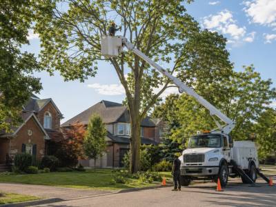 Bucket truck parked curbside, boom raised into the street canopy