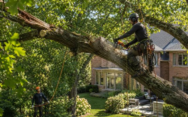 Large broken limb still hanging over a laneway, rigged for a controlled drop