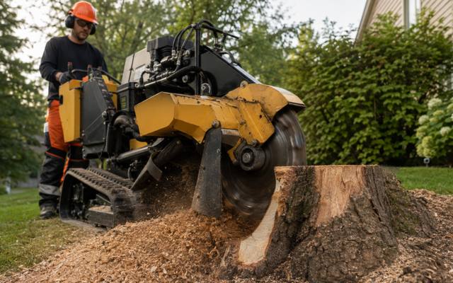Grinder wheel cutting into a stump with chips coming off the face