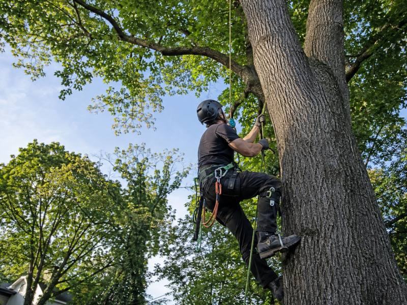 Climber ascending a trunk on rope and spikes between two narrow lots